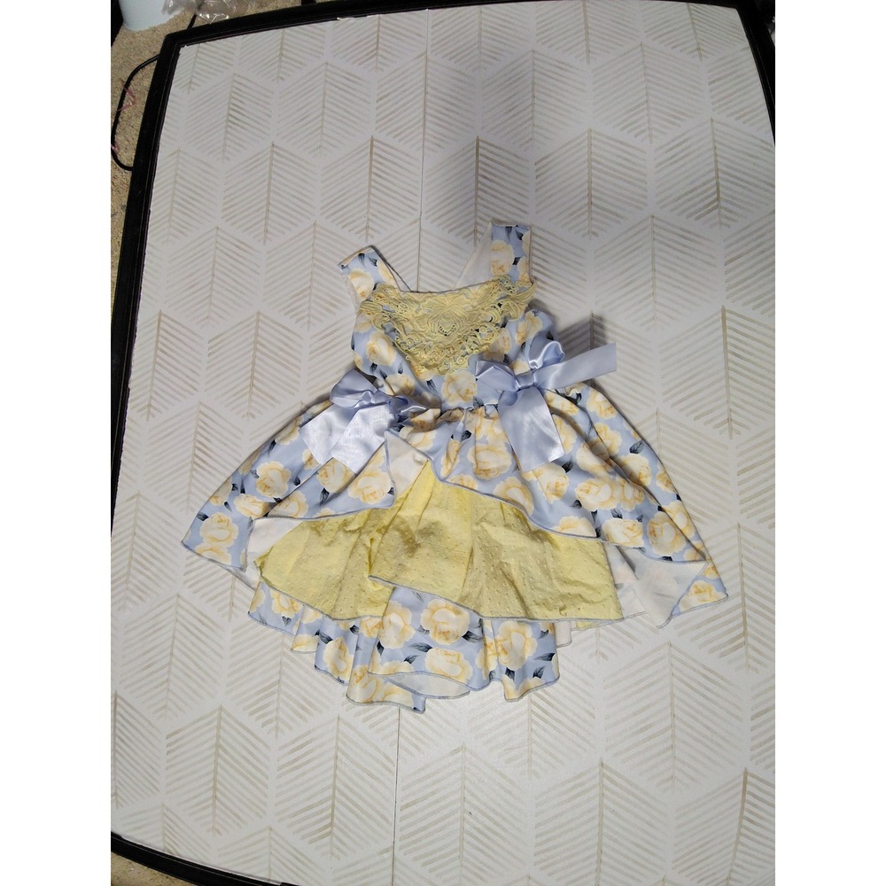 Kids Blue‎ Yellow Floral Lace Bow High Low Princess Party Dress Special Occasion